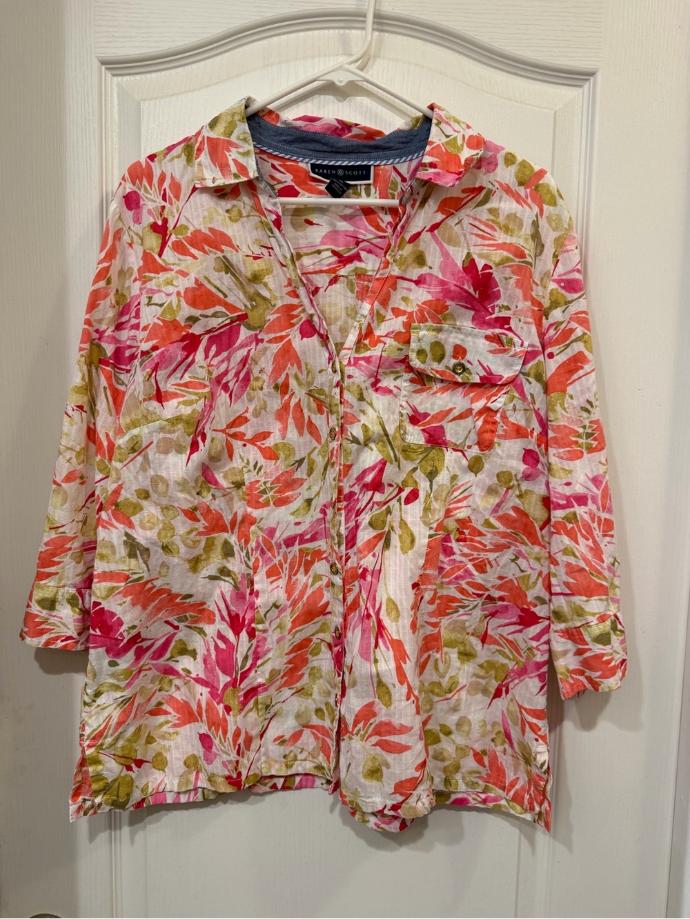 Karen Scott Floral Button-Down Top in Pink and Olive